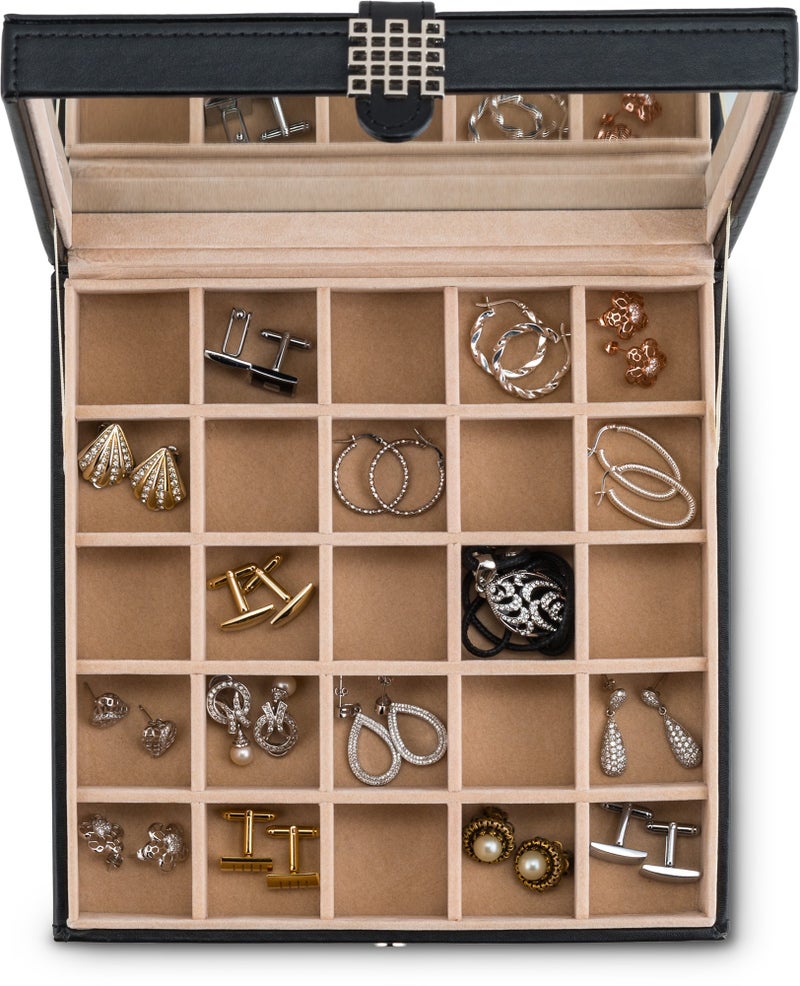 Glenor Co Earring Organizer - Classic 25 Section Jewelry Box/Case/Holder for Earrings, Rings, Necklaces, Jewelry, Cufflinks or Collections. 25 Small Compartments with Elegant Large Mirror - Black - Image 3